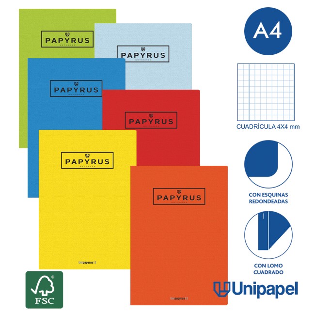 LIBRETAS GRAPA TAPA GOFRADA UNIPAPYRUS13 - A4 - 48H - CUADRICULA 4X4 - 90G - COLORES SURTIDOS