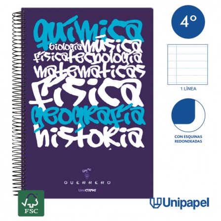CUADERNO ESPIRAL TAPA POLIPROPILENO GUERRERO 08 - UNICLASE - CUARTO - 1 LINEA - 90G - 1 LINEA COLORES SURTIDOS