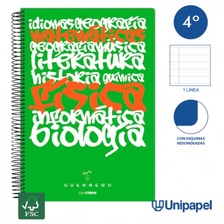 CUADERNO ESPIRAL TAPA POLIPROPILENO GUERRERO 08 - UNICLASE - CUARTO - 1 LINEA - 90G - 1 LINEA COLORES SURTIDOS