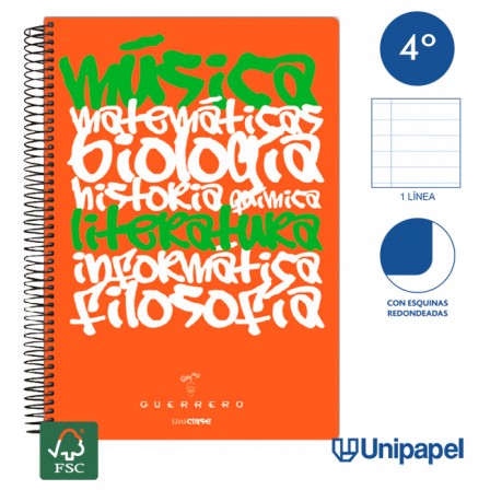 CUADERNO ESPIRAL TAPA POLIPROPILENO GUERRERO 08 - UNICLASE - CUARTO - 1 LINEA - 90G - 1 LINEA COLORES SURTIDOS