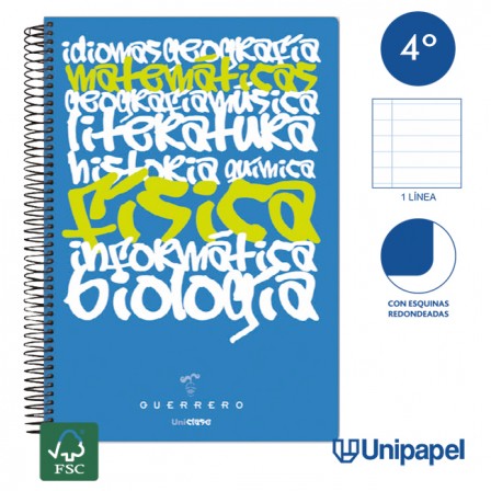 CUADERNO ESPIRAL TAPA POLIPROPILENO GUERRERO 08 - UNICLASE - CUARTO - 1 LINEA - 90G - 1 LINEA COLORES SURTIDOS