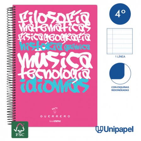 CUADERNO ESPIRAL TAPA POLIPROPILENO GUERRERO 08 - UNICLASE - CUARTO - 1 LINEA - 90G - 1 LINEA COLORES SURTIDOS
