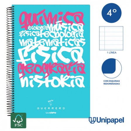 CUADERNO ESPIRAL TAPA POLIPROPILENO GUERRERO 08 - UNICLASE - CUARTO - 1 LINEA - 90G - 1 LINEA COLORES SURTIDOS