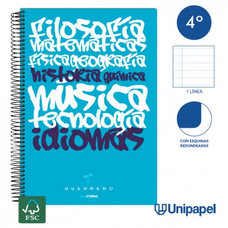 CUADERNO ESPIRAL TAPA POLIPROPILENO GUERRERO 08 - UNICLASE - CUARTO - 1 LINEA - 90G - 1 LINEA COLORES SURTIDOS