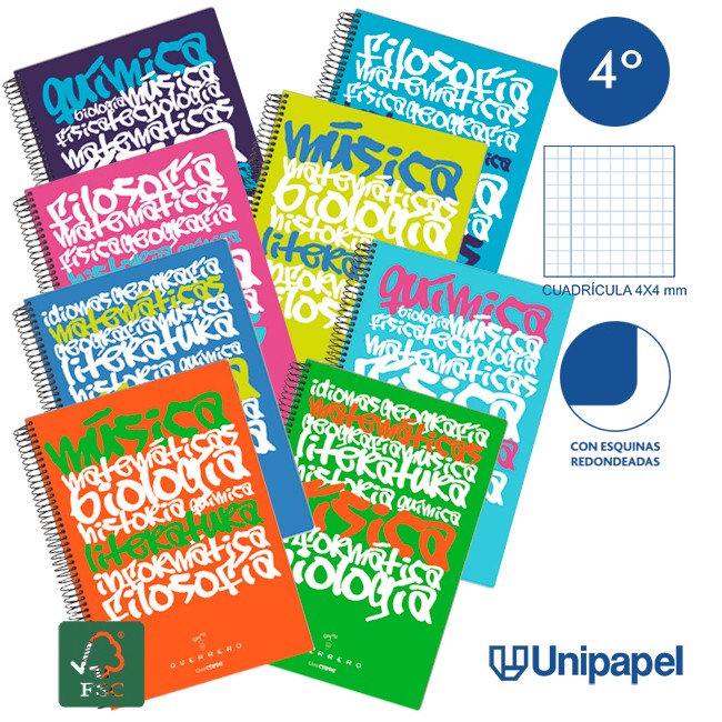 CUADERNO ESPIRAL TAPA POLIPROPILENO GUERRERO 08 - UNICLASE -  CUARTO 80H - CUADRÍCULA 4X4 - 90G -  COLORES SURTIDOS