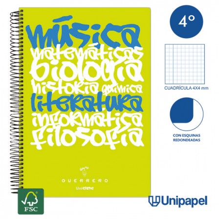 CUADERNO ESPIRAL TAPA POLIPROPILENO GUERRERO 08 - UNICLASE -  CUARTO 80H - CUADRÍCULA 4X4 - 90G -  COLORES SURTIDOS