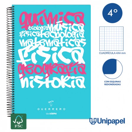 CUADERNO ESPIRAL TAPA POLIPROPILENO GUERRERO 08 - UNICLASE -  CUARTO 80H - CUADRÍCULA 4X4 - 90G -  COLORES SURTIDOS