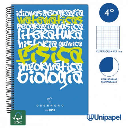 CUADERNO ESPIRAL TAPA POLIPROPILENO GUERRERO 08 - UNICLASE -  CUARTO 80H - CUADRÍCULA 4X4 - 90G -  COLORES SURTIDOS