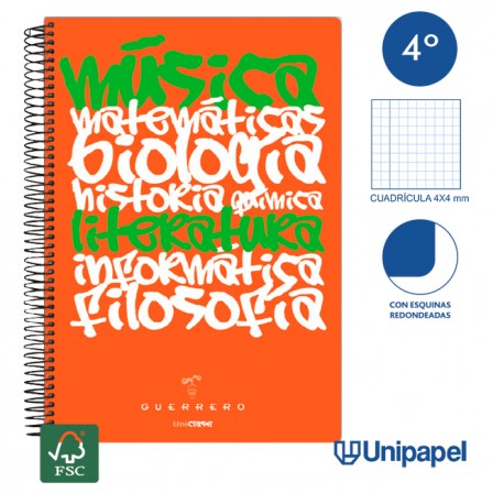 CUADERNO ESPIRAL TAPA POLIPROPILENO GUERRERO 08 - UNICLASE -  CUARTO 80H - CUADRÍCULA 4X4 - 90G -  COLORES SURTIDOS