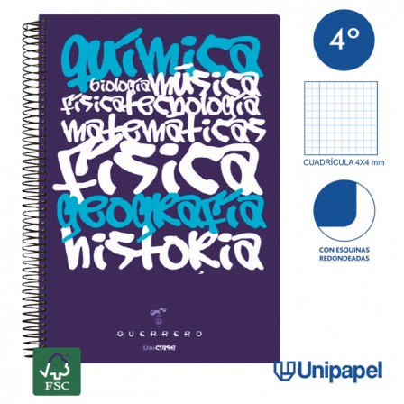 CUADERNO ESPIRAL TAPA POLIPROPILENO GUERRERO 08 - UNICLASE -  CUARTO 80H - CUADRÍCULA 4X4 - 90G -  COLORES SURTIDOS