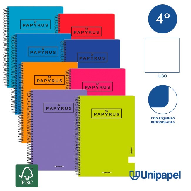 CUADERNO ESPIRAL  TAPA  BLANDA   PAPYRUS01-UNICLASIC - CUARTO - 80H - LISO - 90G - COLORES SURTIDOS