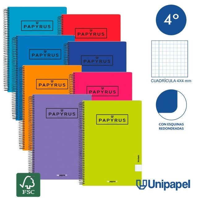 CUADERNO ESPIRAL  TAPA  BLANDA   PAPYRUS01-UNICLASIC - CUARTO - 80H - 4X4 - 90G - COLORES SURTIDOS