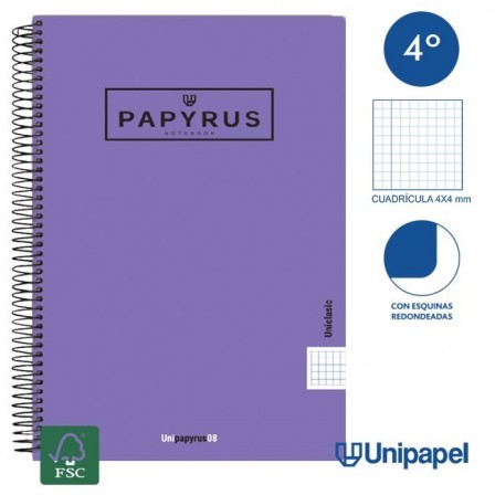 CUADERNO ESPIRAL  TAPA  POLIPROPILENO  PAPYRUS08-UNICLASIC - CUARTO - 80H - CUADRÍCULA 4MM - 90G - COLORES SURTIDOS