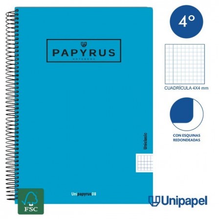 CUADERNO ESPIRAL  TAPA  POLIPROPILENO  PAPYRUS08-UNICLASIC - CUARTO - 80H - CUADRÍCULA 4MM - 90G - COLORES SURTIDOS