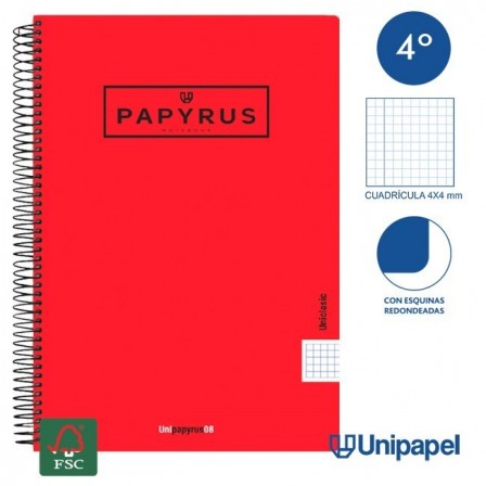 CUADERNO ESPIRAL  TAPA  POLIPROPILENO  PAPYRUS08-UNICLASIC - CUARTO - 80H - CUADRÍCULA 4MM - 90G - COLORES SURTIDOS