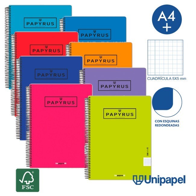 CUADERNO ESPIRAL  TAPA  POLIPROPILENO  PAPYRUS08-UNICOLOR5 - A4+ - 120H - CUADRÍCULA 5MM - 90G - COLORES SURTIDOS