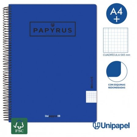 CUADERNO ESPIRAL  TAPA  POLIPROPILENO  PAPYRUS08-UNICOLOR5 - A4+ - 120H - CUADRÍCULA 5MM - 90G - COLORES SURTIDOS