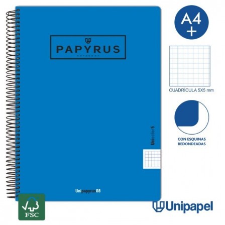 CUADERNO ESPIRAL  TAPA  POLIPROPILENO  PAPYRUS08-UNICOLOR5 - A4+ - 120H - CUADRÍCULA 5MM - 90G - COLORES SURTIDOS