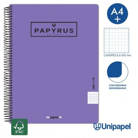 CUADERNO ESPIRAL  TAPA  POLIPROPILENO  PAPYRUS08-UNICOLOR5 - A4+ - 120H - CUADRÍCULA 5MM - 90G - COLORES SURTIDOS