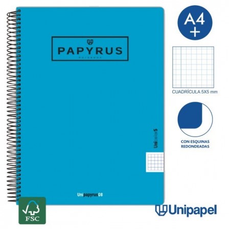 CUADERNO ESPIRAL  TAPA  POLIPROPILENO  PAPYRUS08-UNICOLOR5 - A4+ - 120H - CUADRÍCULA 5MM - 90G - COLORES SURTIDOS