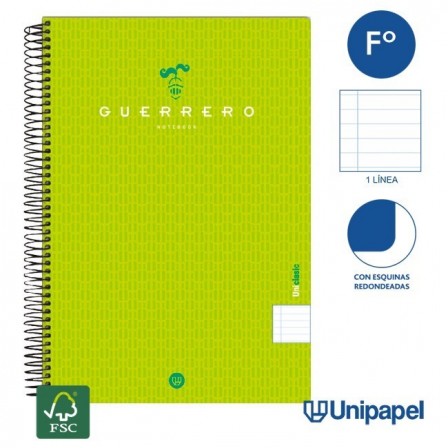 CUADERNO ESPIRAL  TAPA  POLIPROPILENO GUERRERO08-UNICLASIC - FOLIO - 80H - 1 LINEA - 90G - COLORES SURTIDOS