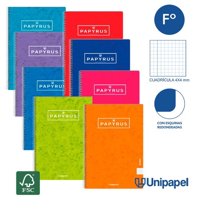CUADERNO ESPIRAL TAPA CONTRACOLADA PAPYRUS03-UNICLASIC - FOLIO - 80H - CUADRÍCULA 4MM - 90G - COLORES SURTIDOS CUADERNO ESPIRAL TAPA CONTRACOLADA PAPYRUS03-UNICLASIC - FOLIO - 80H - CUADRÍCULA 4MM - 90G - COLORES SURTIDOS