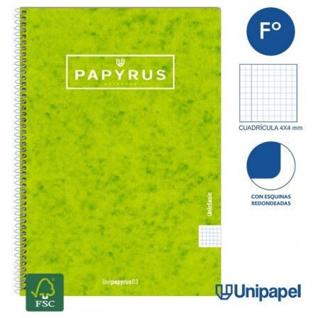 CUADERNO ESPIRAL  TAPA CONTRACOLADA PAPYRUS03-UNICLASIC - FOLIO - 80H - CUADRÍCULA 4MM - 90G - COLORES SURTIDOS