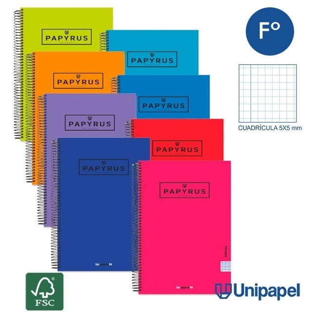 CUADERNO ESPIRAL  TAPA EXTRADURA    PAPYRUS04-UNICLASIC - FOLIO - 80H - CUADRÍCULA 5MM - 90G - COLORES SURTIDOS