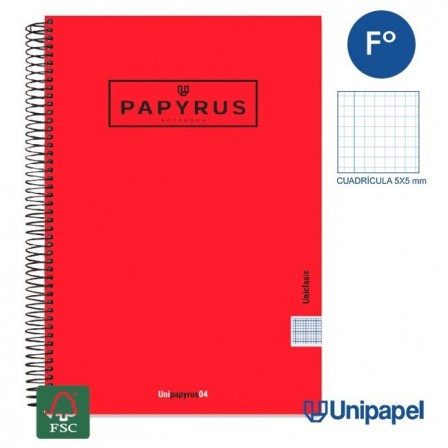 CUADERNO ESPIRAL  TAPA EXTRADURA    PAPYRUS04-UNICLASIC - FOLIO - 80H - CUADRÍCULA 5MM - 90G - COLORES SURTIDOS