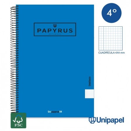 CUADERNO ESPIRAL  TAPA EXTRADURA    PAPYRUS04-UNICLASIC - CUARTO - 80H - CUADRÍCULA 4MM - 90G - COLORES SURTIDOS