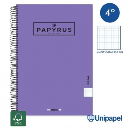 CUADERNO ESPIRAL  TAPA EXTRADURA    PAPYRUS04-UNICLASIC - CUARTO - 80H - CUADRÍCULA 4MM - 90G - COLORES SURTIDOS