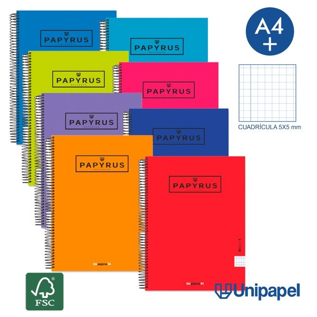 CUADERNO ESPIRAL TAPA EXTRADURA PAPYRUS04-UNICOLOR1 - A4+ - 80H - CUADRÍCULA 5MM - 90G - COLORES SURTIDOS CUADERNO ESPIRAL TAPA EXTRADURA PAPYRUS04-UNICOLOR1 - A4+ - 80H - CUADRÍCULA 5MM - 90G - COLORES SURTIDOS