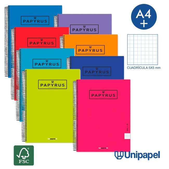 CUADERNO ESPIRAL TAPA EXTRADURA PAPYRUS04-UNICOLOR5 - A4+ - 80H - CUADRÍCULA 5MM - 90G - COLORES SURTIDOS CUADERNO ESPIRAL TAPA EXTRADURA PAPYRUS04-UNICOLOR5 - A4+ - 80H - CUADRÍCULA 5MM - 90G - COLORES SURTIDOS