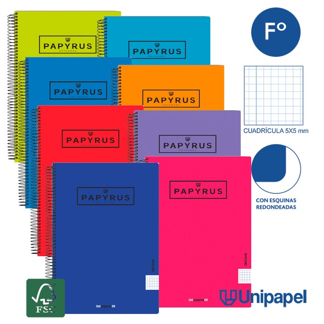 CUADERNO ESPIRAL  TAPA  POLIPROPILENO  PAPYRUS08-UNICLASIC - FOLIO - 80H - CUADRÍCULA 5MM - 90G - COLORES SURTIDOS