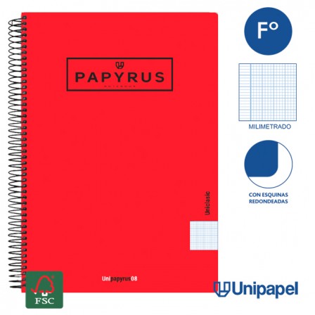 CUADERNO ESPIRAL  TAPA  POLIPROPILENO  PAPYRUS08-UNICLASIC - FOLIO - 80H - MIIMETRADO - 90G - COLORES SURTIDOS