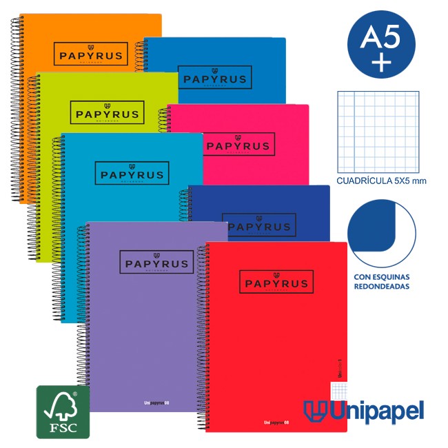 CUADERNO ESPIRAL  TAPA  POLIPROPILENO  PAPYRUS08-UNICOLOR1 - A4+ - 80H - CUADRÍCULA 5MM - 90G - COLORES SURTIDOS