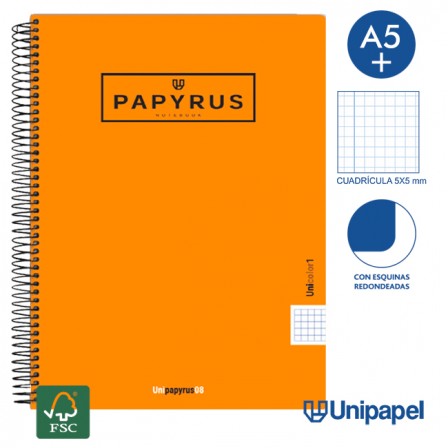 CUADERNO ESPIRAL  TAPA  POLIPROPILENO  PAPYRUS08-UNICOLOR1 - A4+ - 80H - CUADRÍCULA 5MM - 90G - COLORES SURTIDOS