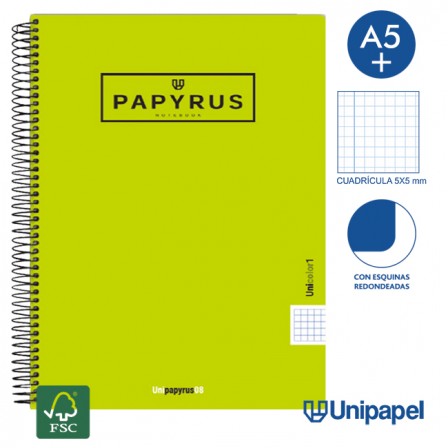CUADERNO ESPIRAL  TAPA  POLIPROPILENO  PAPYRUS08-UNICOLOR1 - A4+ - 80H - CUADRÍCULA 5MM - 90G - COLORES SURTIDOS