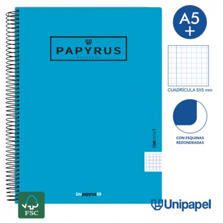 CUADERNO ESPIRAL  TAPA  POLIPROPILENO  PAPYRUS08-UNICOLOR1 - A4+ - 80H - CUADRÍCULA 5MM - 90G - COLORES SURTIDOS