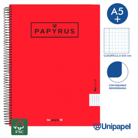 CUADERNO ESPIRAL  TAPA  POLIPROPILENO  PAPYRUS08-UNICOLOR1 - A4+ - 80H - CUADRÍCULA 5MM - 90G - COLORES SURTIDOS