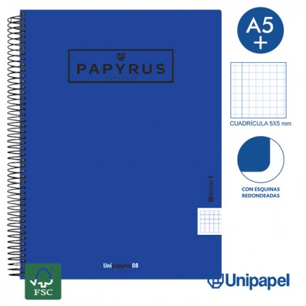 CUADERNO ESPIRAL  TAPA  POLIPROPILENO  PAPYRUS08-UNICOLOR1 - A4+ - 80H - CUADRÍCULA 5MM - 90G - COLORES SURTIDOS