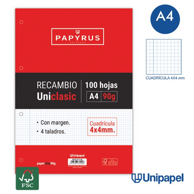 RECAMBIOS PAPYRUS-UNICLASIC -A4-100H-CUADRÍCULA 4MM-90G-CON MARGEN