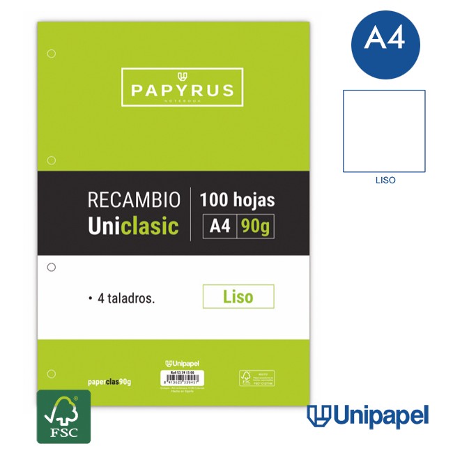 RECAMBIOS PAPYRUS-UNICLASIC -A4-100H-LISO-90G-SIN MARGEN