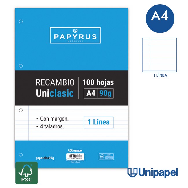 RECAMBIOS PAPYRUS-UNICLASIC -A4-100H-1 LINEA-90G-CON MARGEN