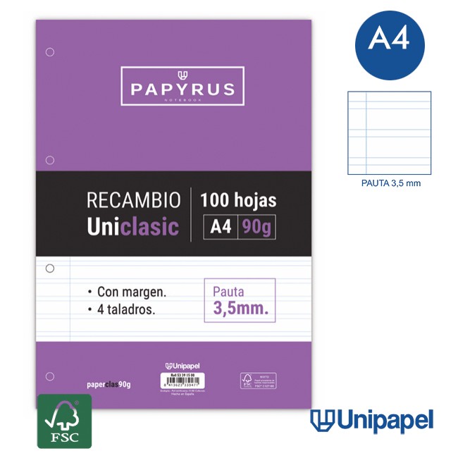 RECAMBIOS PAPYRUS-UNICLASIC -A4-100H-PAUTA 3,5MM-90G-CON MARGEN