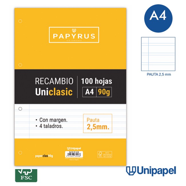 RECAMBIOS PAPYRUS-UNICLASIC -A4-100H-PAUTA 2,5MM-90G-CON MARGEN