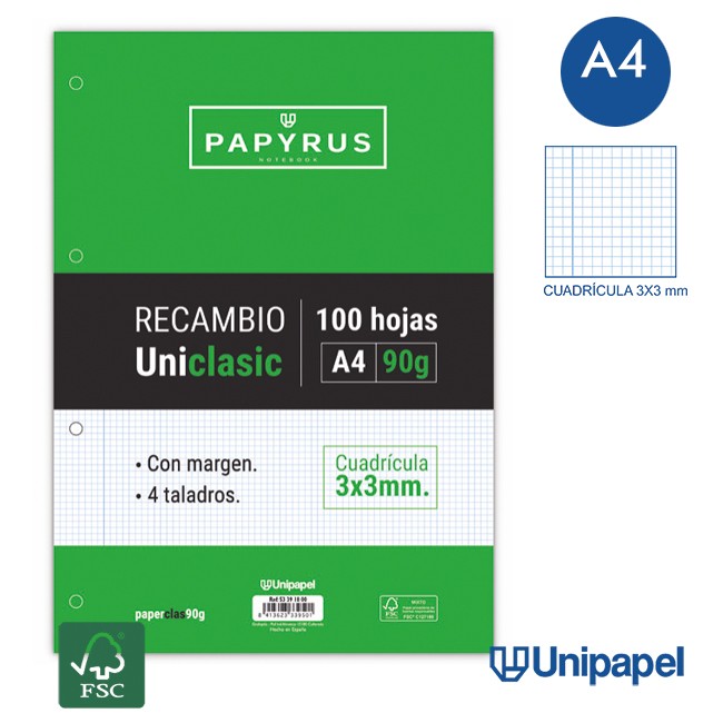 RECAMBIOS PAPYRUS-UNICLASIC -A4-100H-CUADRÍCULA 3MM-90G-CON MARGEN