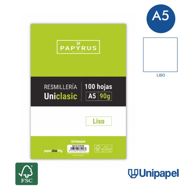 RESMILLERÍA PAPYRUS-UNICLASIC -A5-100H-LISO-90G-SIN MARGEN