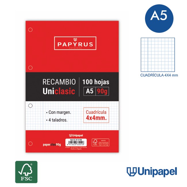 RECAMBIOS PAPYRUS-UNICLASIC -A5-100H-CUADRÍCULA 4MM-90G-CON MARGEN