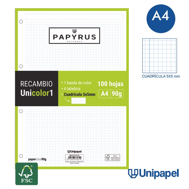 RECAMBIOS PAPYRUS-UNICOLOR1 -A4-100H-CUADRÍCULA 5MM-90G-1 BANDA DE COLOR-VERDE LIMA